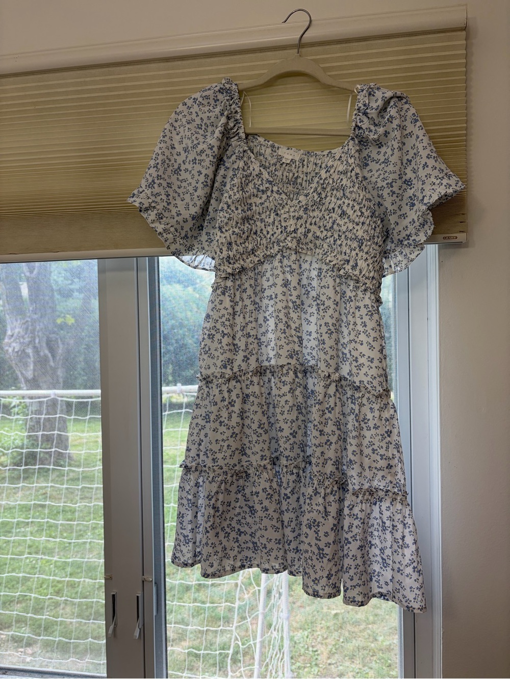 Smocked Tiered Floral Dress in White and Blue